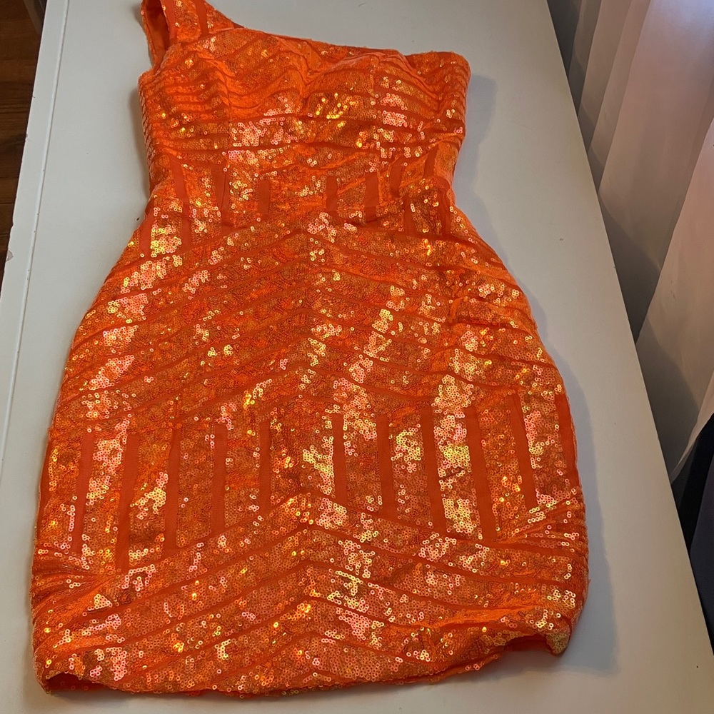 Orange Sequin One-Shoulder Prom Dress